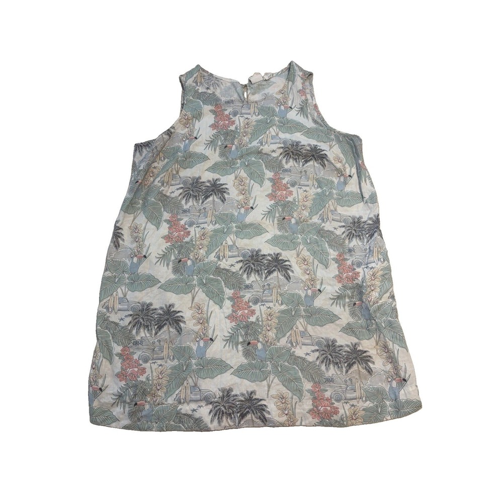 C&C California Sleeveless Dress Size 1X 100% Linen Tropical Palm Floral Pockets
